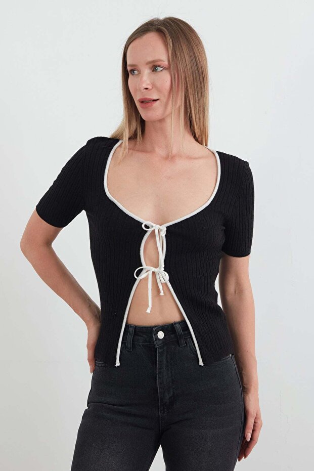 Ribbed Tie-Up Knitwear Blouse