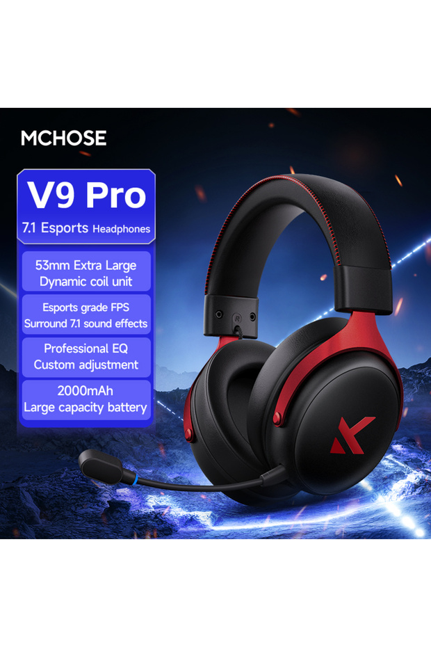 سماعة رأس MCHOSE V9 Pro للألعاب باللونين الأحمر والأسود، سماعات رأس لاسلكية بلوتوث رباعية الأوضاع تغطي الأذن بالكامل لأجهزة الكمبيوتر الشخصية