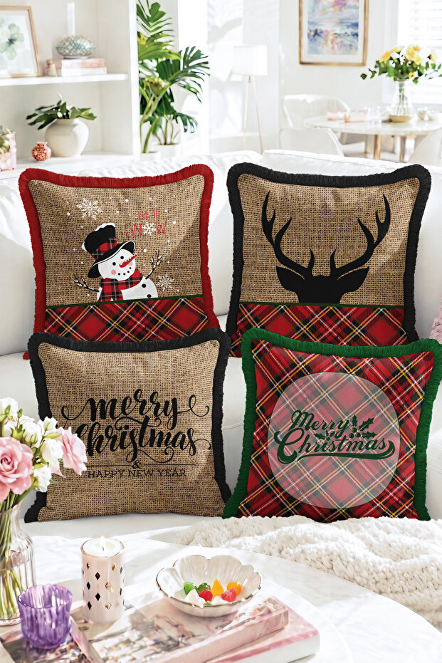 Merry Christmas Written Deer and Snowman Plaid Patterned 4-Piece Fringed-Tasseled Throw Pillow Cover Set