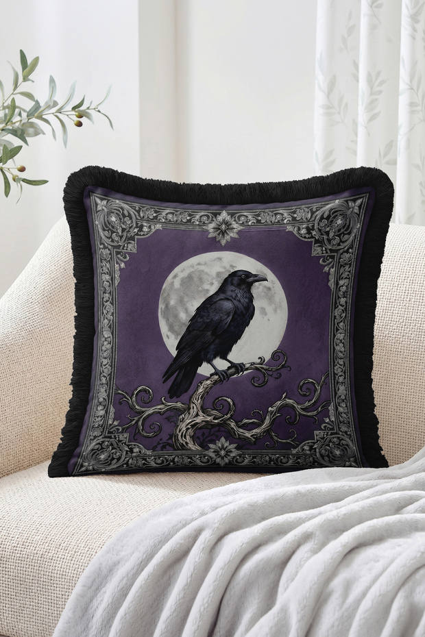 Purple and Black Fringed-Tasseled Throw Pillow Cover with Raven Figure in Front of a Full Moon Retro Decorative Pillowcase