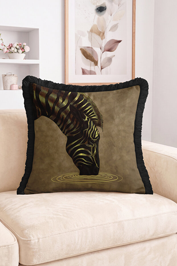 Brown Fringed-Tasseled Throw Pillow Cover with Gold Striped Zebra Head Figure Modern Decorative Pillowcase