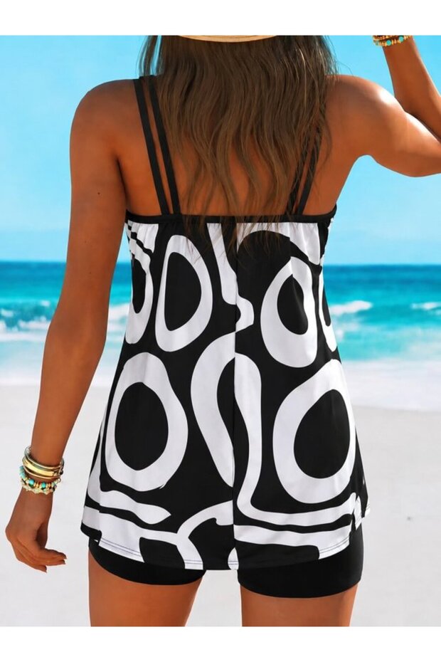 Women's strappy round neck patterned diving blouse and leggings two-piece set