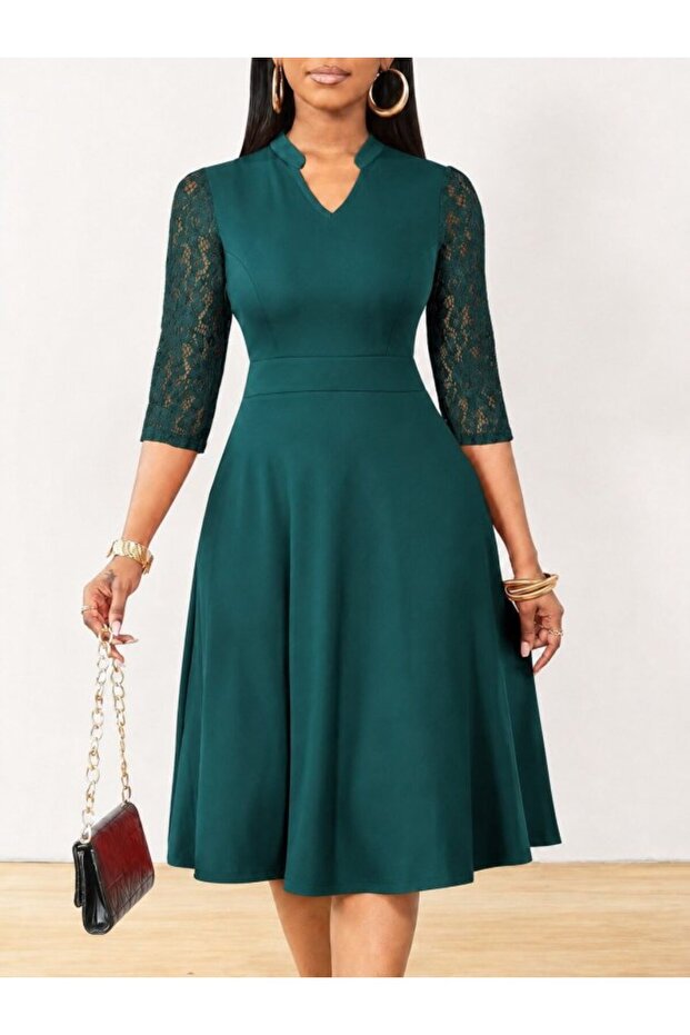 Women's Short Sleeve V-Neck Lace Short Imported Crepe Dress