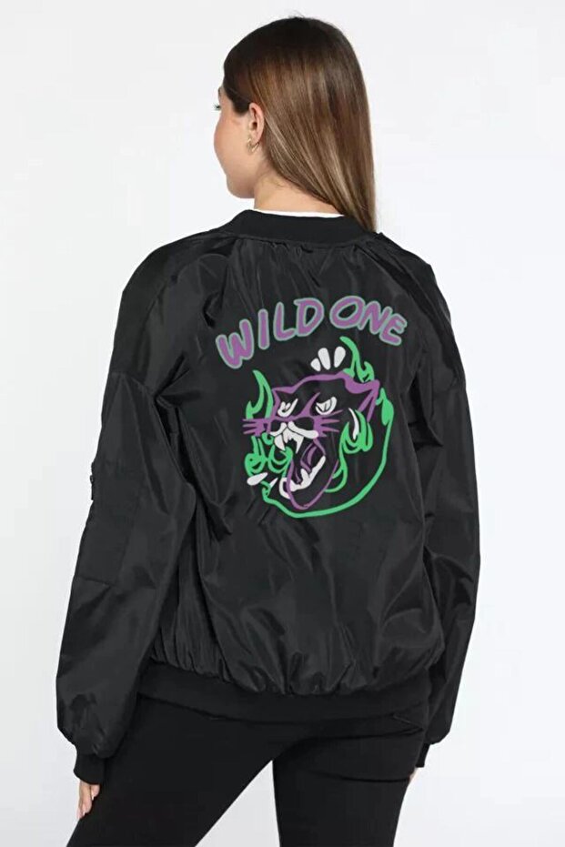 Women's Wild One Printed Bomber Coat Black Oversize Quilted with Zipper Pockets - Black Mariposa Se