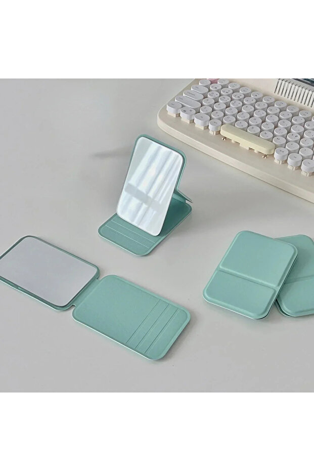 1pc-green Desktop Makeup Mirror Solid Color PU Leather Simple Portable Handheld Makeup Mirror Foldab