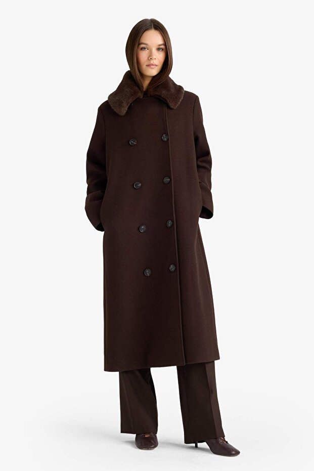 Warm Detachable Faux Fur Collar Regular Fit Buttoned Pocketed Long Cashmere Coat F5574Ax25Wn