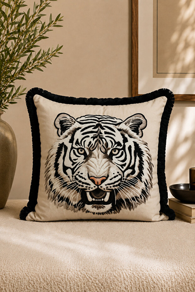 Tiger Pattern Digital Printing Fringed Decorative Throw Pillow Cover 45X45