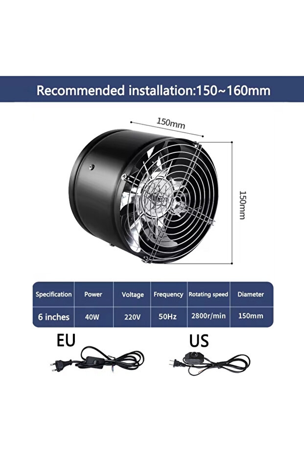 EU 6 inch (Black) 4''6'' Pipe Exhaust Fan Air Ventilator Metal Pipe Ventilation Exhaust Fan Mini Ext