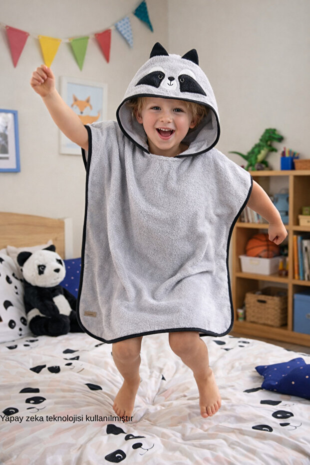 Poncho Children's Bathrobe Beach Towel Hooded Inner-Outer Surface Raccoon Gray Animal