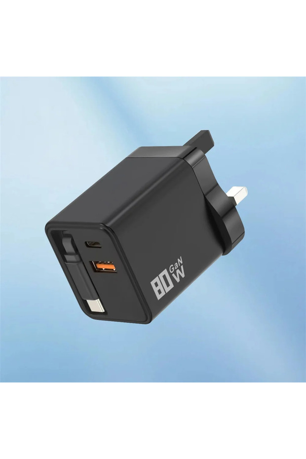Black UK Plug 80W GaN USB C Fast Charger Retractable Cable Phone Charger Adapter For iPhone Samsung