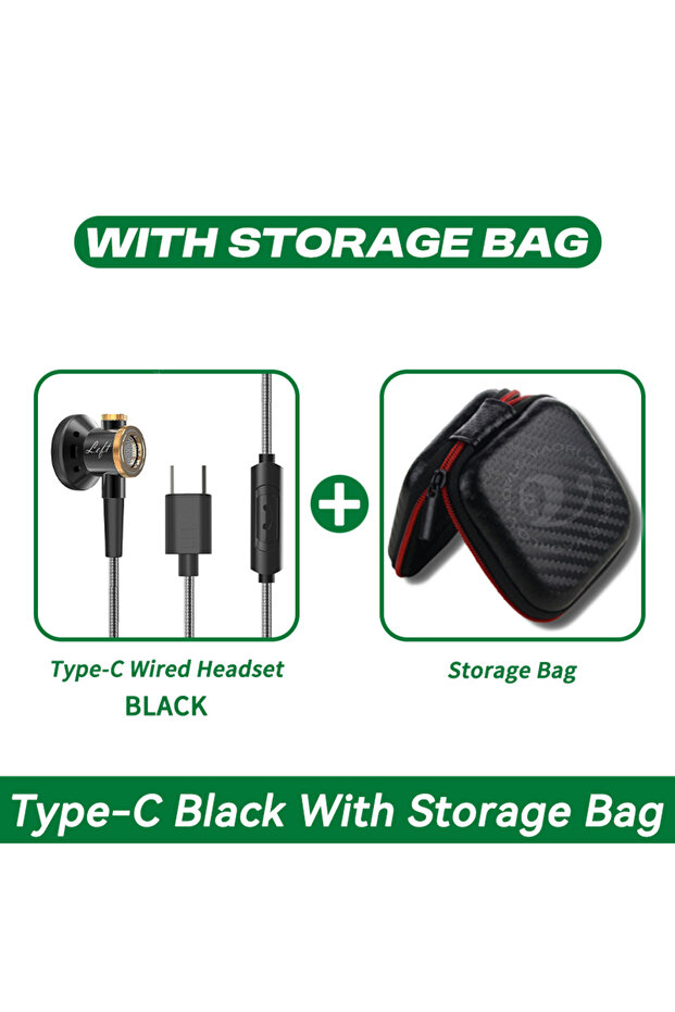 Type-C Black Bag D08 Metal HiFi 3.5mm/Type-C In Ear Headphones Flat Head Earphone With Mic Wired Cle
