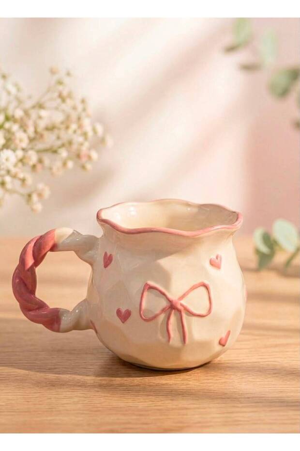 Handmade Ceramic Mug with Bow and Heart Pattern |   Decorative Gift Mug