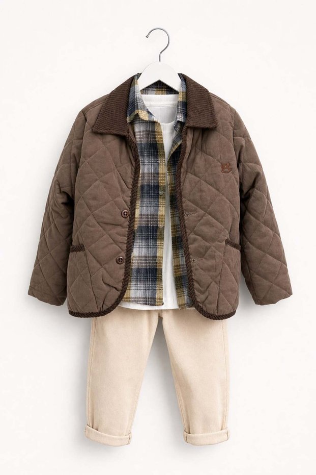 Boys Quilted Jacket Shirt T-Shirt and Pants 4-Piece Set