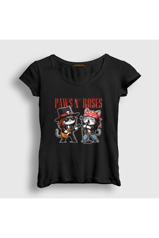 Women's Black Paws N' Roses Guns N' Roses Cat Feline T-Shirt 578989Tt