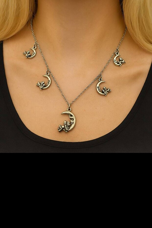 5-Piece Moon Fairy Figured Women's Necklace – with 60 cm Chain, Elegant and Fairytale Design