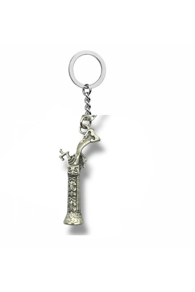 Retro Metal Keychain with Pirate Rifle Figure – Silver Color Unisex Accessory