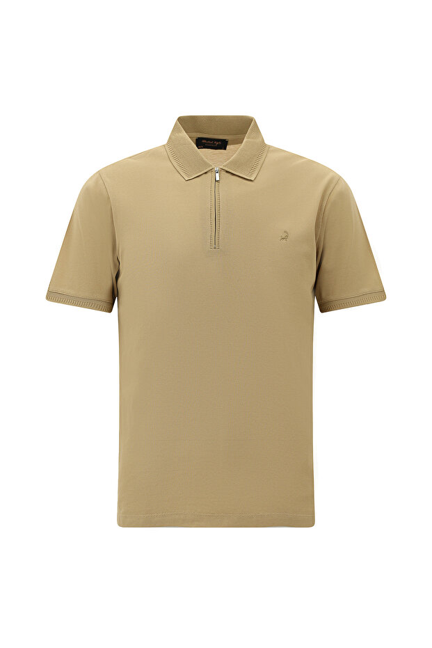 Slim Fit Zippered Embroidered Mercerized Cotton Polo Neck T-Shirt