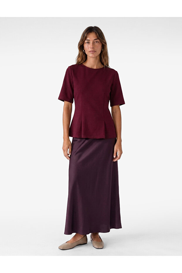Cotton Crew Neck Short Sleeve Pleated Detailed Peplum Blouse