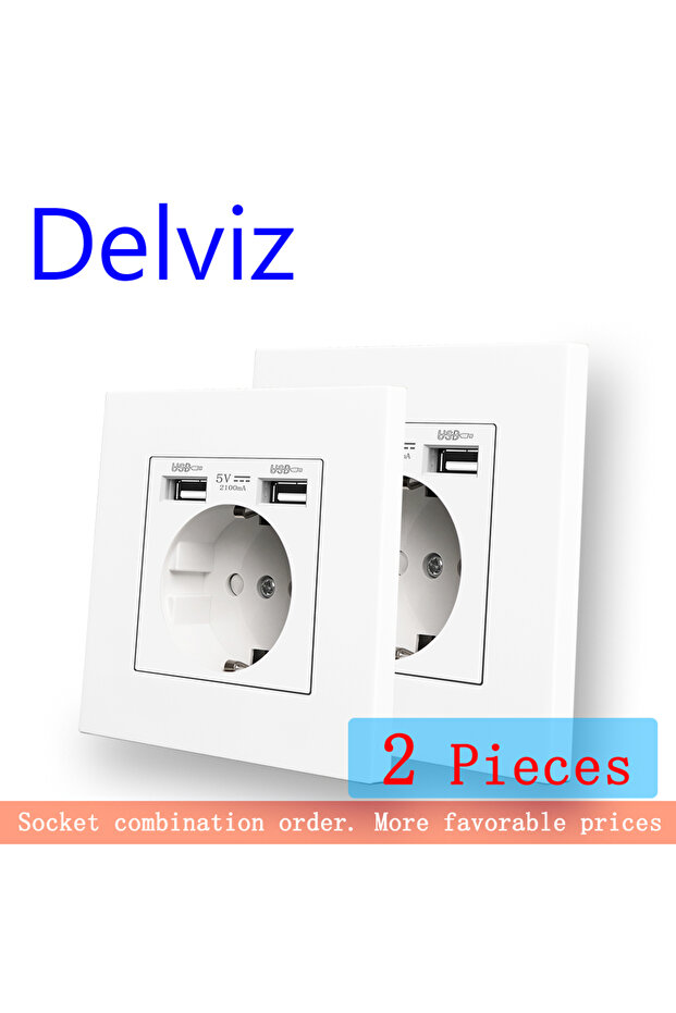 110-250 فولت، قطعتان من منفذ شحن USB مزدوج من Delviz، مقبس طاقة تيار متردد 110~250 فولت، لوحة من مادة الكمبيوتر الشخصي باللون الأبيض،
