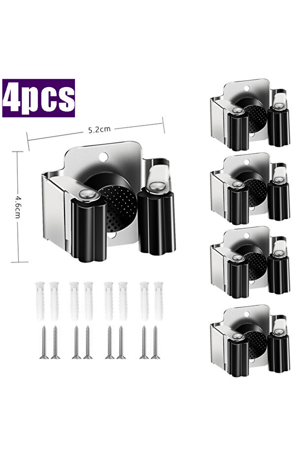 Black-4pcs Stainless Steel Mop Clip Holder Wall Mounted Mop Brush Broom Hanger Fixed Rack Kitchen Ba