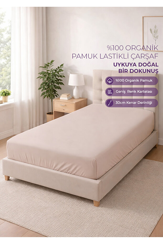 100% Organic Cotton Elastic Sheet - 100X200 - Powder - Dolmabahçe Series