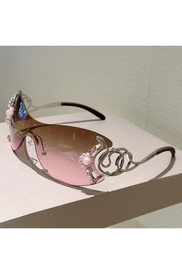 as picture shows tea-pink KAMMPT Rimless Y2k Sunglasses with Rhinestones Women Fashion Monoblock Out
