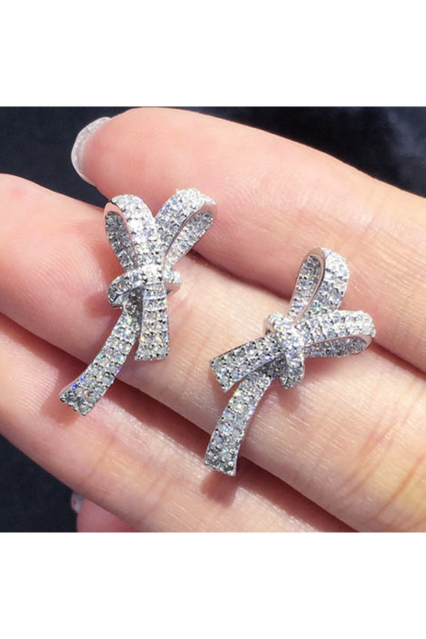 E1988 Huitan Trendy Luxury Bow Stud Earrings for Women Full Paved CZ Brilliant Bride Wedding Earring