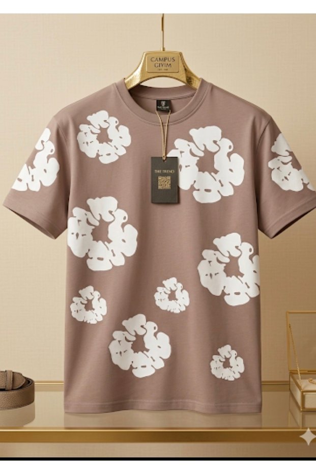 Patterned Green and Cream Oversize Cotton T-Shirt - Summer Crew Neck T-Shirt Shorts Floral Unisex