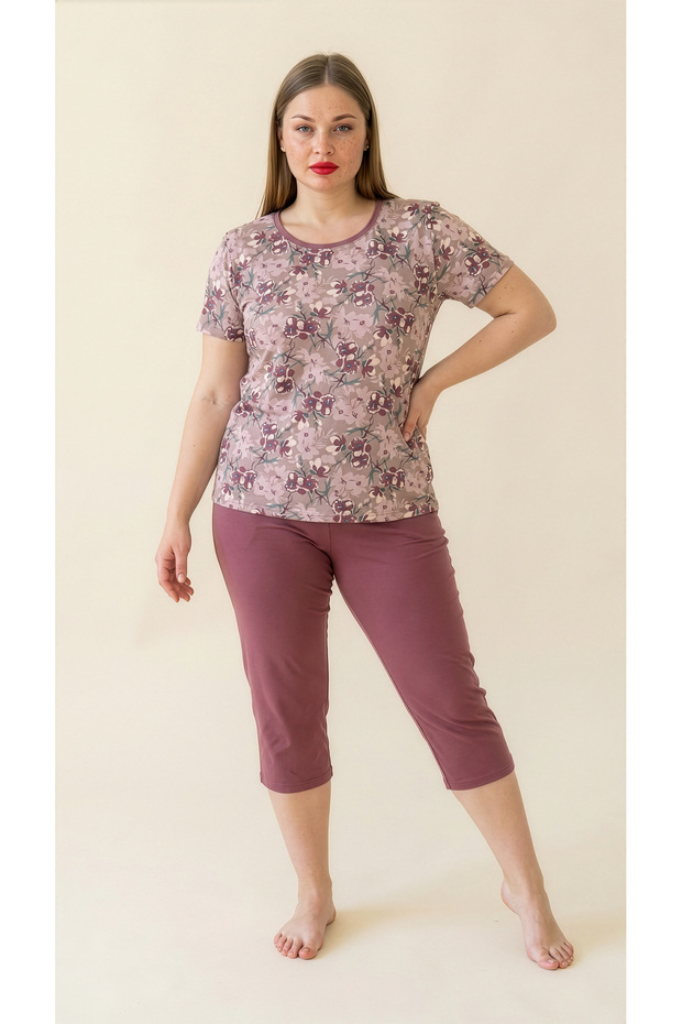 Multi-Colored Patterned Viscose Short Sleeve Plus Size Capri Set - 5