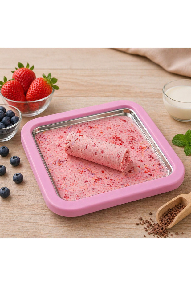 Pink Home Type Roll Ice Cream Tray Set | Frozen Roll Ice Cream Machine | Ice Cream Making Tray with Spatula | Fruity Roll Ice Cream Apparatus