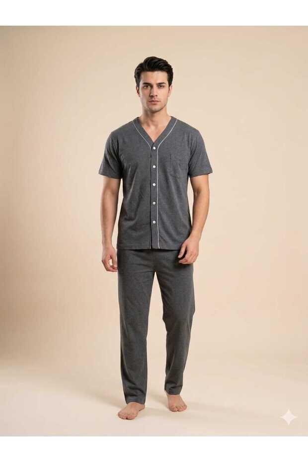 Men's V-Neck Buttoned Pocket Detail Comfortable Pajama Set
