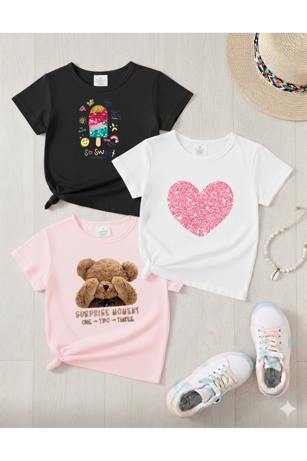 New Season 3-Piece Set Girls' T-Shirt, Multi-Color, 100% Cotton