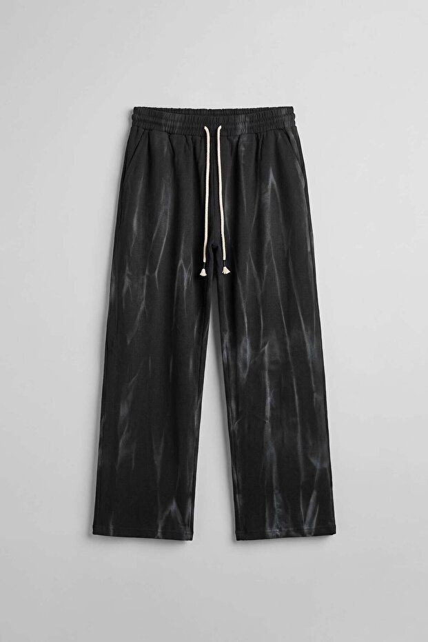 Men's Baggy Fit Spray Patterned Elastic Waist Trousers Black