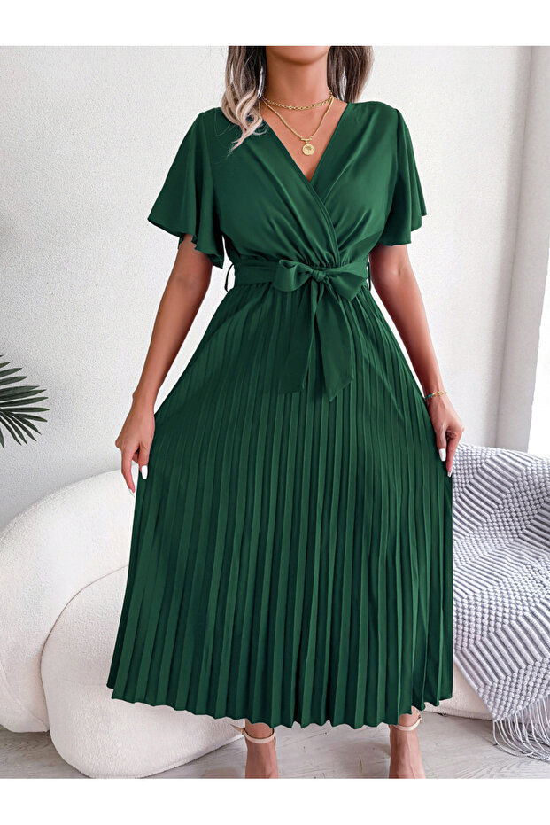 Green Pleated Maxi Dress with Tie-Belt