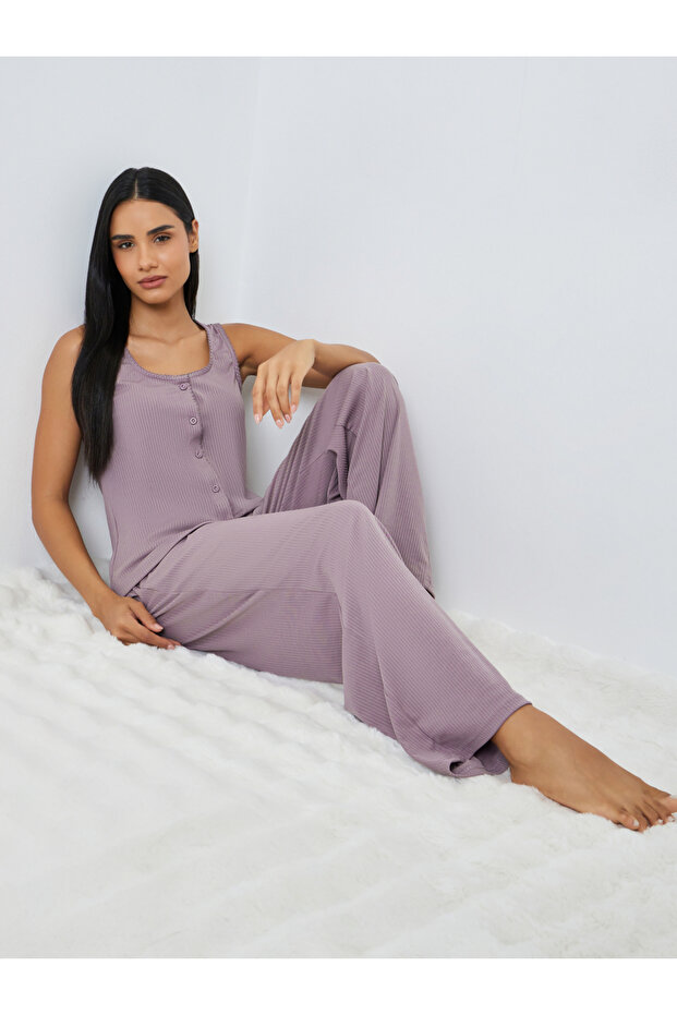 Pink Wide Rib Picot Edge Tank and Shirred Waist Pyjama Set
