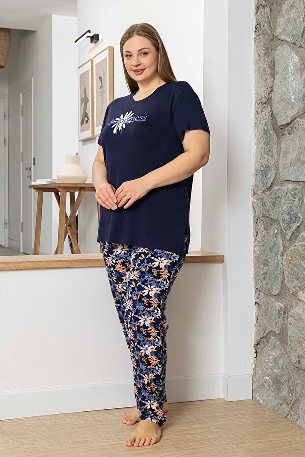 Large Size Women's Short Sleeve Viscose Pajama Set 260060 Navy Blue