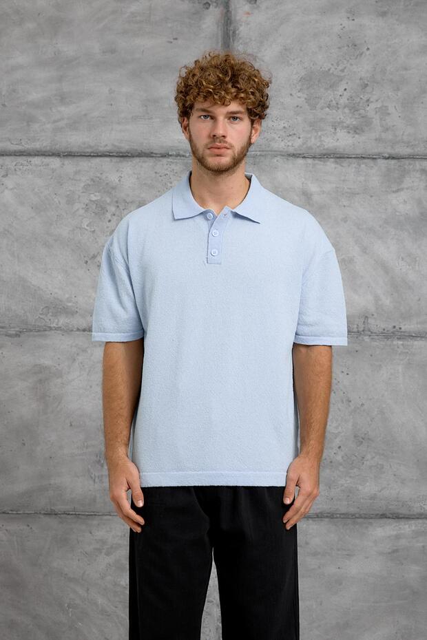 Men's T-Shirt Dp Collar Button Polo Baby Blue Oversize Knitwear Fabric