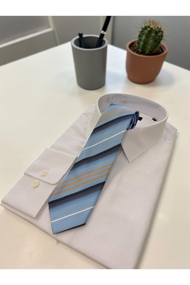 Microfibre 7 cm Striped Blue-White-Navy Blue Tie Kr-62