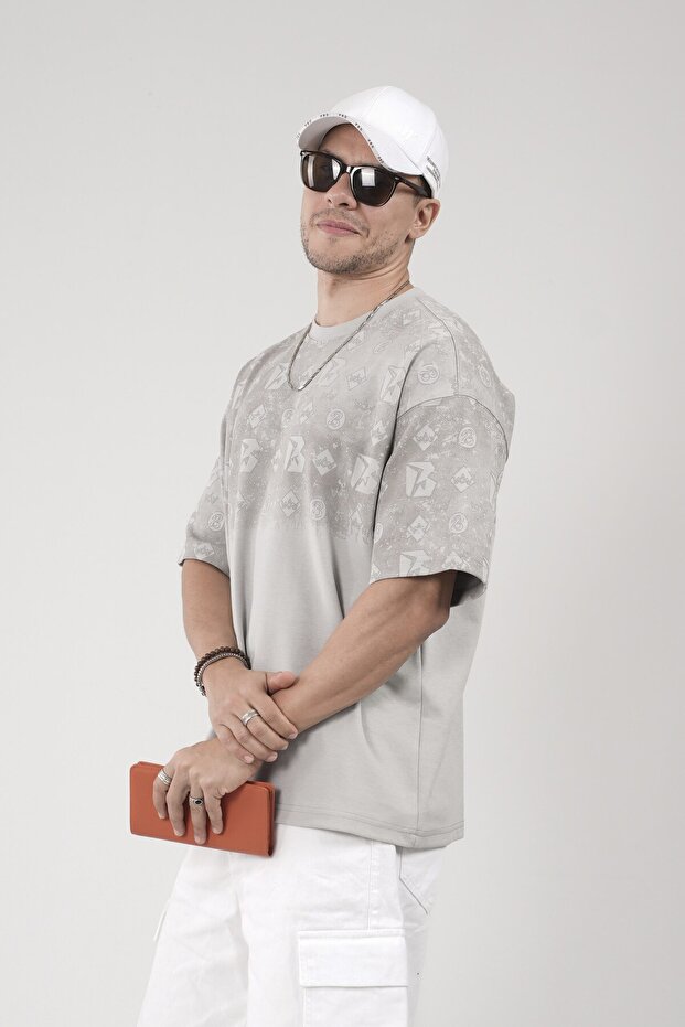 Oversize Logo Printed Crew Neck Basic T-Shirt - 4