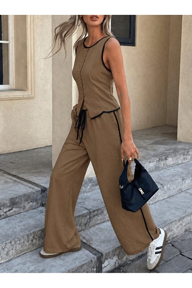 Women's Sleeveless Front Buttoned Vest Trousers Two Piece Set