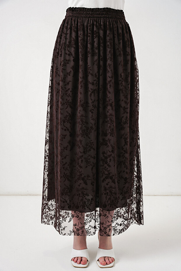 Women's Flocked Printed Lined Skirt 8076 - Brown