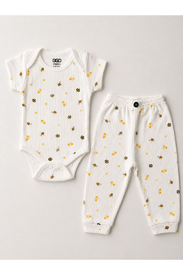 2-Piece Bee Patterned Cotton Unisex Baby Short Sleeve Bodysuit and Pants Set