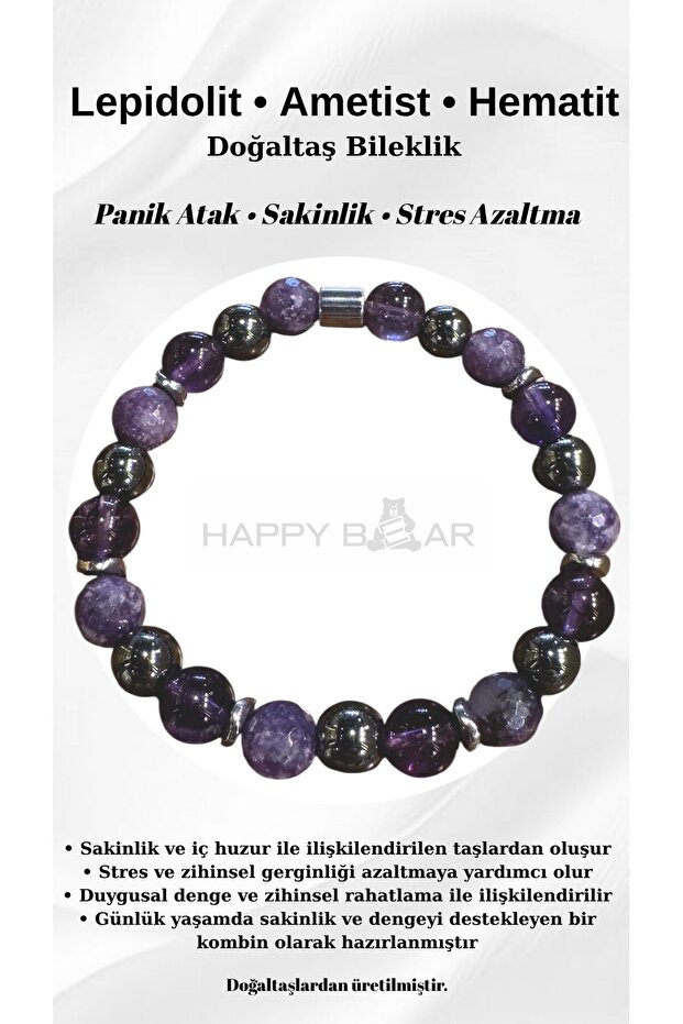 Lepidolite – Amethyst – Hematite Natural Stone Women's Design Bracelet 8 mm | Calmness and Balance