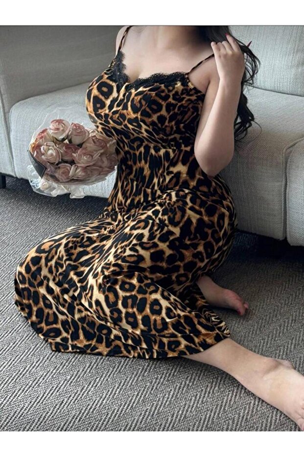 Leopard print lace detail spaghetti strap maxi nightgown