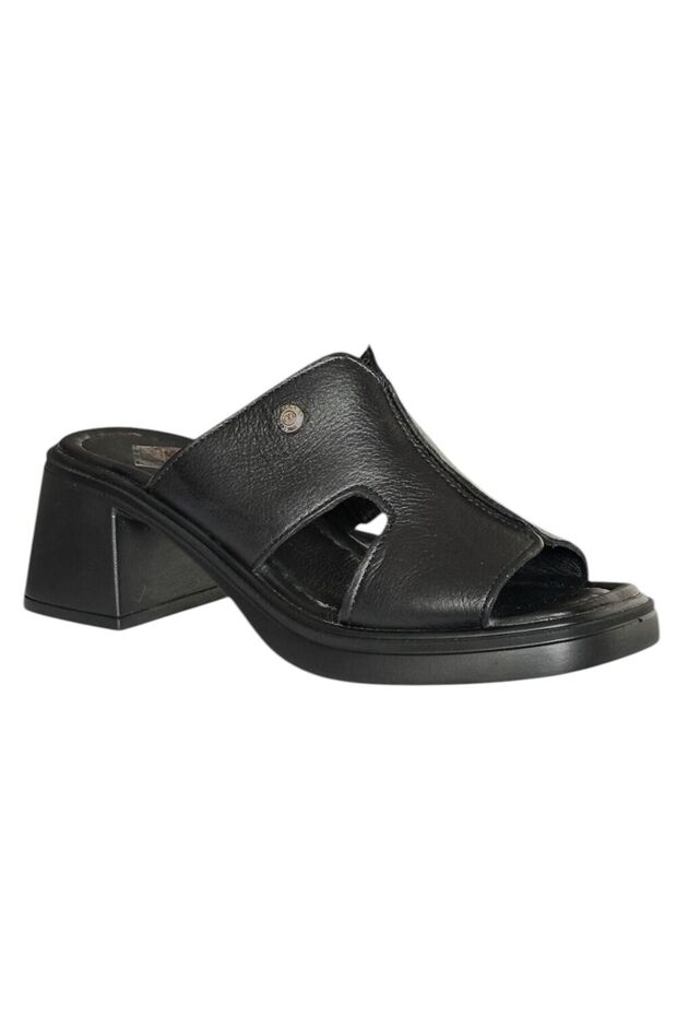 D26Yt-1900-B Black Pen Women's Heeled Leather Slippers