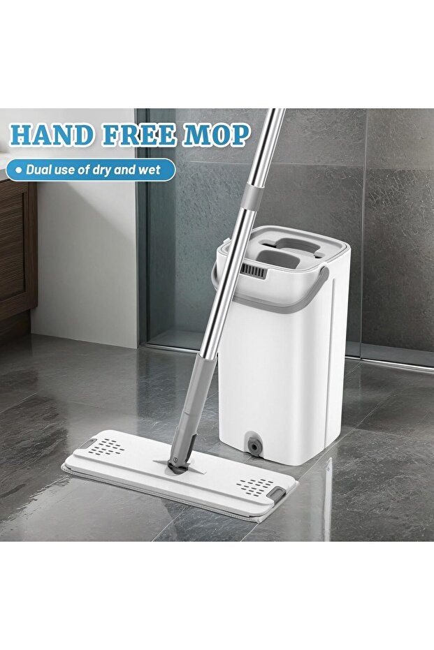 Flat Mop and Bucket with Spinner, with 3 Washable Microfiber Wipes