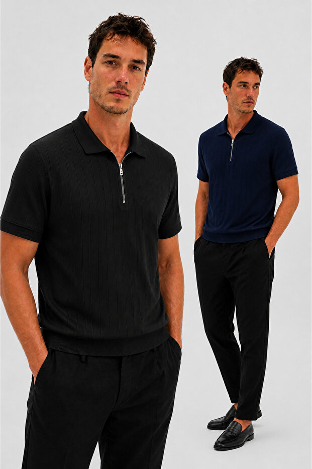 Men's Zippered Polo Collar Knitwear T-Shirt Regular Striped Textured Short Sleeve Summer Basic T-Shirt New Season