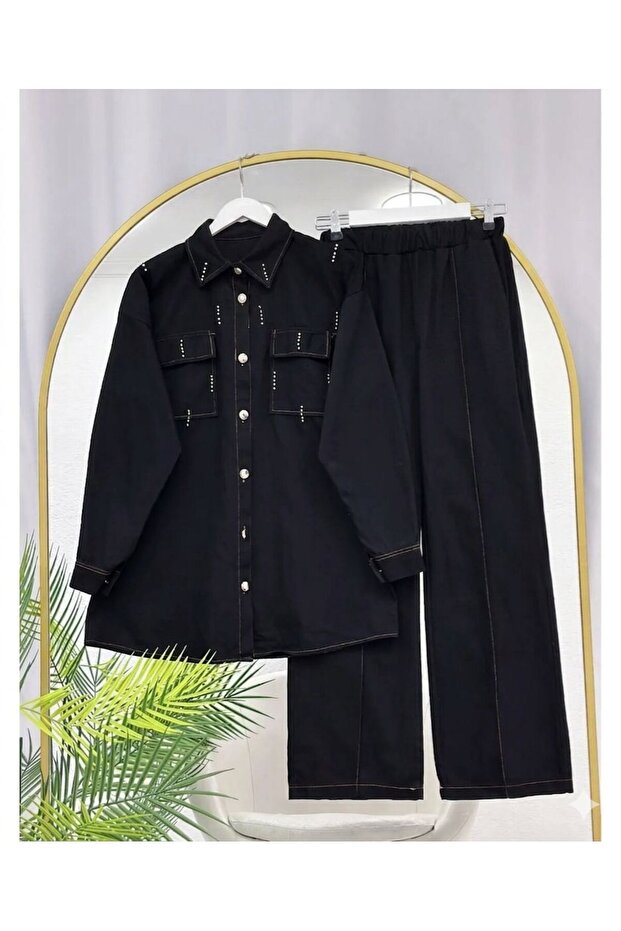 Buttoned Denim Shirt Double Suit Set - 1