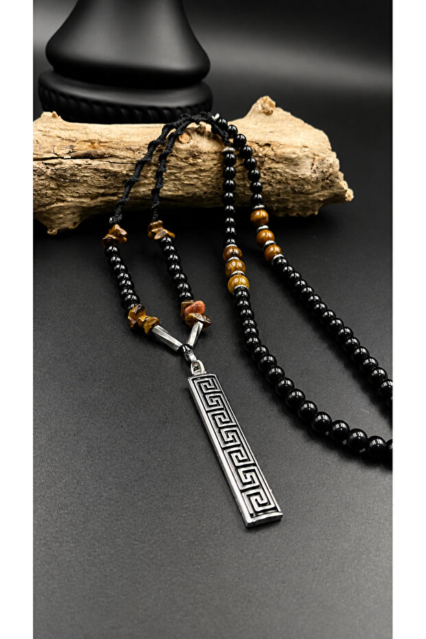 Men's Power-Will Necklace – Tiger's Eye Natural Stone, Black Crystal, Timeless Pendant, Handmade Adjustable 65-72 cm Premium Design