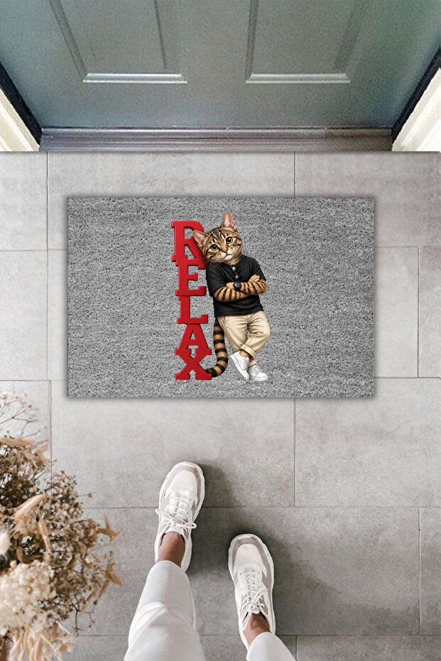 Gray Door Mat with Cat Design – Modern Decorative Written Mat 70X45 cm